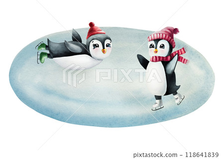 Cute smiling penguins skate on Ice rink. Christmas north animals, watercolor hand painted illustration isolated on background. For designers, decoration, shop, for postcards, wrapping paper, covers. F 118641839