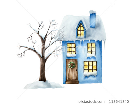 Winter snow-covered house. Christmas watercolor tree without leaves, hand painted illustration isolated on background. For designers, decoration, shop, for postcards, wrapping paper, covers. For poste Winter snow-covered house. Christmas watercolor tree without leaves, hand painted illustration isolated on background. For designers, decoration, shop, for postcards, wrapping paper, covers. For poste 118641840