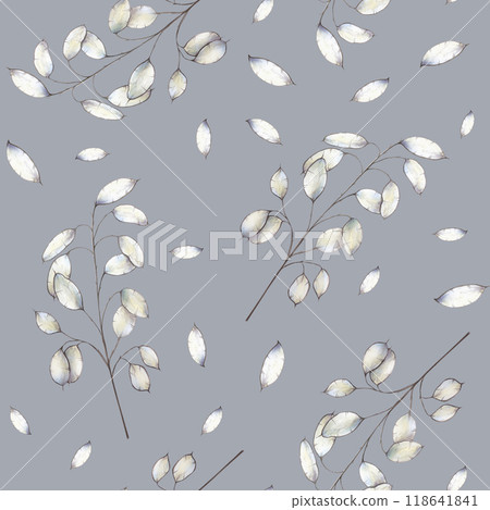Realistic boho seamless pattern with dried branch. Watercolor hand drawn lunaria, flower, grass clipart isolated on background. Christmas, winter, halloween and wedding illustration. For designers 118641841