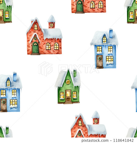 Seamless pattern with winter snow-covered houses. Christmas watercolor hand painted illustrations isolated on background. For designers, decoration, shop, for postcards, wrapping paper, covers. For 118641842