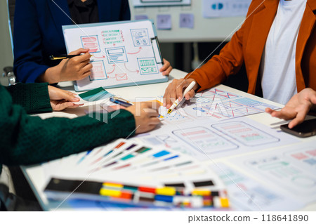 UX developer and ui designer brainstorming about mobile app interface wireframe design with customer breif and color code, User experience concept. 118641890