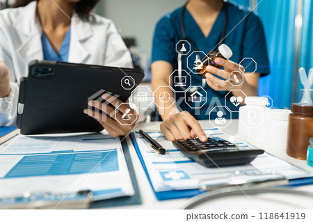 Doctor working in hospital use calculator, Healthcare and medical concept. 118641919