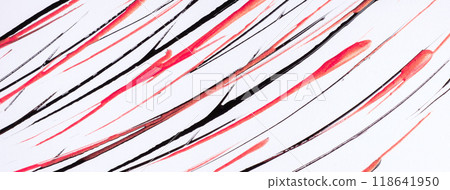 Thin red and black lines and splashes drawn on white background. Abstract art backdrop with rose brush stroke. Thin red and black lines and splashes drawn on white background. Abstract art backdrop with rose brush stroke. 118641950