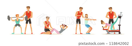 Personal Gym Coach and Trainer Man Character Vector Set 118642002