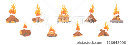 Lumber with Burning Fire Flame as Campfire or Bonfire Vector Set 118642008