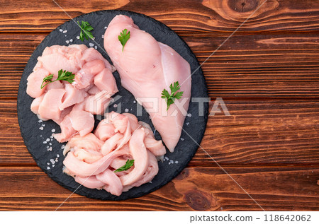 Raw chicken meat fillet ( breast ) Various of cutting in form slice and cube 118642062