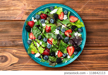 Berries salad (blueberry strawberry blackberry ) with cheese feta and balsamic sauce Berries salad (blueberry strawberry blackberry ) with cheese feta and balsamic sauce 118642113