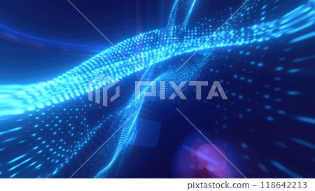 Blue glowing energy waves from small particles and lines abstract background Blue glowing energy waves from small particles and lines abstract background 118642213