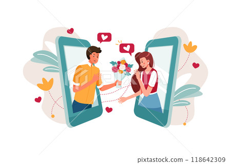 Boy gifting flower to girlfriend through an online dating app Boy gifting flower to girlfriend through an online dating app 118642309