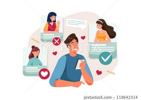 Man searching for girlfriend on dating app 118642314