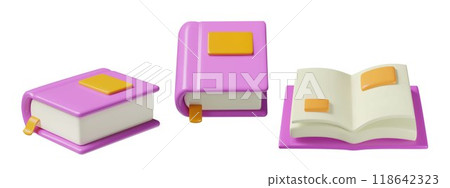 Books in purple cover 3d vector elements set open and closed student textbook or dictionary Books in purple cover 3d vector elements set open and closed student textbook or dictionary 118642323