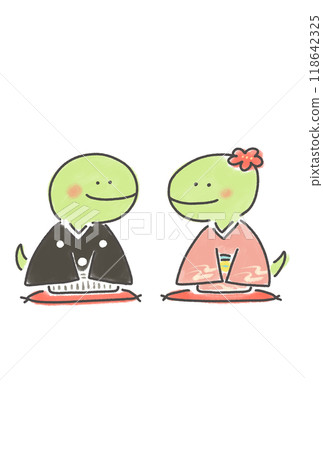 Two snakes sitting on a cushion, New Year's card material, Kimono, Couple Two snakes sitting on a cushion, New Year's card material, Kimono, Couple 118642325