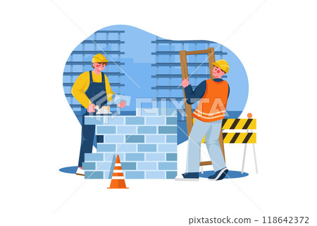 Construction workers building a house 118642372