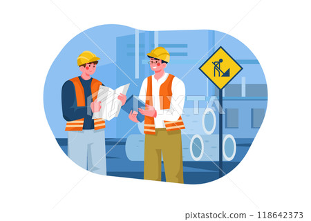 Construction workers checking building plan Construction workers checking building plan 118642373