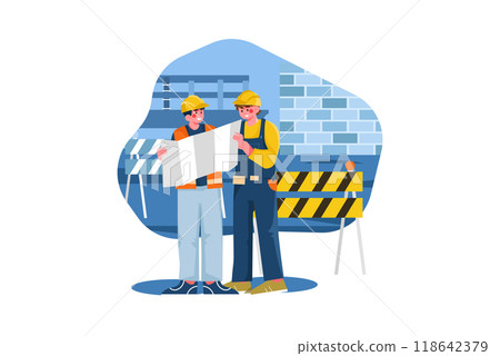 Construction site engineer doing routine standup 118642379