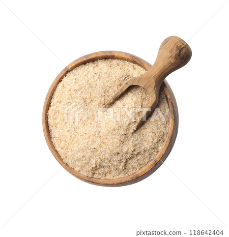 Psyllium husks in wooden plate 118642404