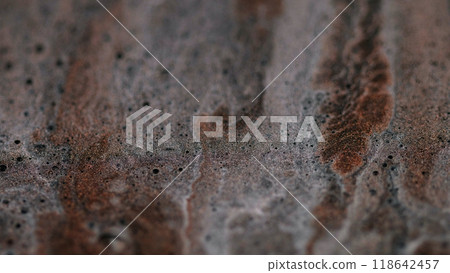 Ink emulsion. Glitter gel liquid sparkling mix. Defocused shiny abstract art background paint spill bronze gray brilliant color texture. 118642457
