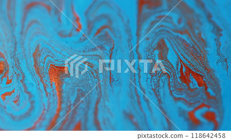 Defocused wave. Wet sparkling texture. Blue orange color shimmering acrylic ink liquid marble blend abstract art background. 118642458