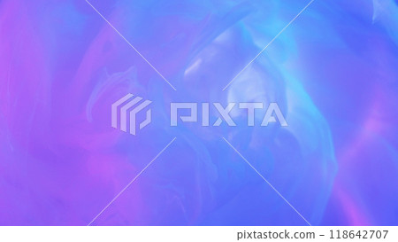 Iridescent cloud. Ink water mix. Defocused neon pink blue color glowing texture haze floating swirl flow abstract art background. 118642707