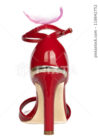 Red high heel stiletto with pink feather detail Red high heel stiletto with pink feather detail 118642752