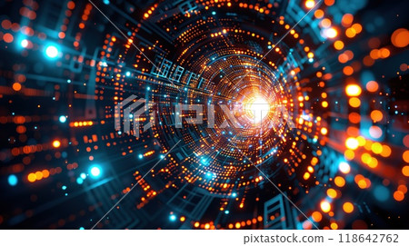 A captivating view of an abstract digital tunnel illuminated by vibrant blue and orange lights A captivating view of an abstract digital tunnel illuminated by vibrant blue and orange lights 118642762