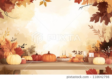 Autumn-inspired table setting adorned with pumpkins and colorful leaves during the harvest season 118642798