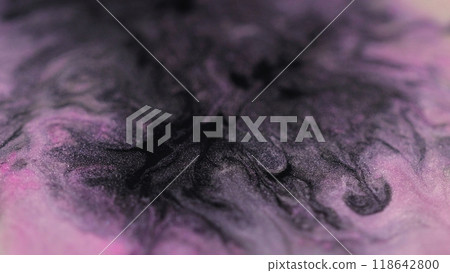 Ink splash. Shimmering texture. Blur black pink liquid flow sparkling particles blend spreading on dark abstract art background. Ink splash. Shimmering texture. Blur black pink liquid flow sparkling particles blend spreading on dark abstract art background. 118642800