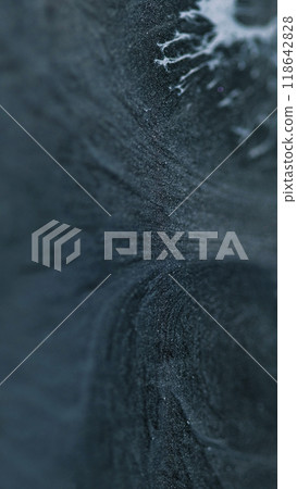 Ink glitter. Blur wave. Mystical paint art. Dark gray mixed white blue sparkling particles texture liquid flow abstract art background. Ink glitter. Blur wave. Mystical paint art. Dark gray mixed white blue sparkling particles texture liquid flow abstract art background. 118642828
