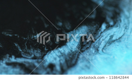 Ink spill. Sparkling wave. Defocused cyan blue black color texture liquid blend acrylic paint mix flow abstract design art background. Ink spill. Sparkling wave. Defocused cyan blue black color texture liquid blend acrylic paint mix flow abstract design art background. 118642844