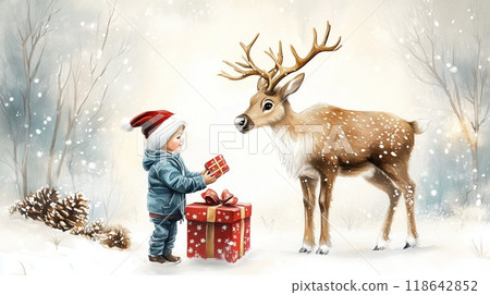 A child in a red hat presents a gift to a reindeer in a snowy forest on a winter's day 118642852