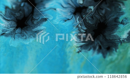 Ink splash. Drop stain. Defocused black blue color sparkling grain particles texture paint fluid mix blotch abstract art background. 118642856