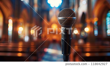 The microphone stands prominently in the foreground as the beautiful interior of a church serves as a backdrop for an online sermon 118642927