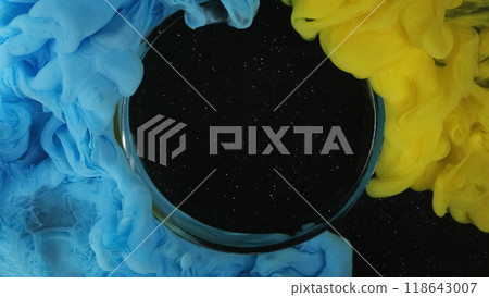 Smoke flow. Color water. Glass round frame starry galaxy portal yellow blue mist blend abstract spill shiny spark background free space . 118643007