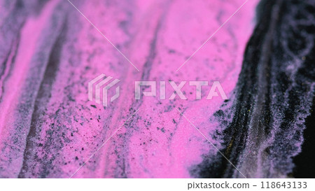 Sparkling ink. Wet paint. Defocused pink black color shimmer shiny liquid glitter particles spill glowing texture abstract art background. 118643133