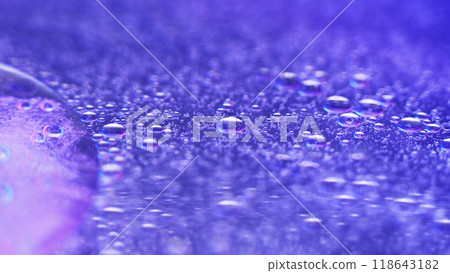 Gel fluid. Droplet floating. Defocused purple color glitter translucent acid liquid texture ink water blob abstract art background. 118643182