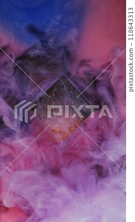 Galaxy smoke. Water paint. Pink purple glow colorful fog smooth mist flow glitter geometric form blue neon light abstract background. 118643313