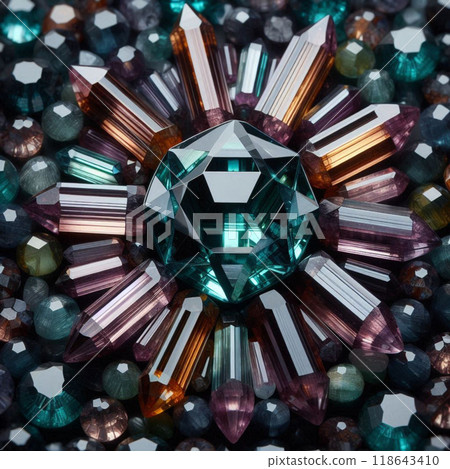 Featuring a large Tourmaline green gemstone surrounded by an array of multicolored tourmaline gemstones  118643410