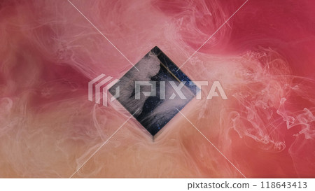 Smoke whirl. Color water. Mystic white steam evaporate ink cloud magic black cube red background orange light abstract empty space. Smoke whirl. Color water. Mystic white steam evaporate ink cloud magic black cube red background orange light abstract empty space. 118643413
