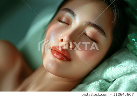 Close-up of a face roller being used for facial massage, promoting relaxation and circulation 118643607