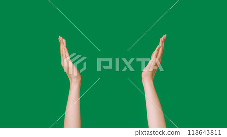 Hand frame. Advertising background. Female raised arms holding something invisible on open palms isolated on green empty space. Hand frame. Advertising background. Female raised arms holding something invisible on open palms isolated on green empty space. 118643811
