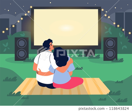Vector illustration of an open-air cinema with a projection screen and a young couple Vector illustration of an open-air cinema with a projection screen and a young couple 118643824