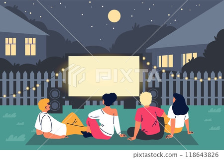 People resting at lawn on the blanket and watching movie on big screen at house backyard, vector outdoor cinema at night People resting at lawn on the blanket and watching movie on big screen at house backyard, vector outdoor cinema at night 118643826
