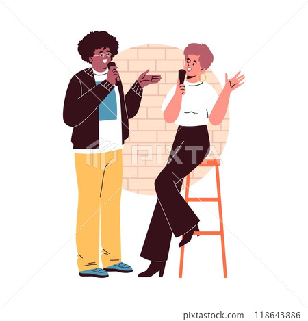 Vector illustration an open microphone, a guy and a girl comedians uttering a humorous dialogue 118643886