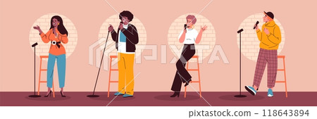 Vector collection open mic illustrations: Comedians girls and boys telling a humorous story on stage Vector collection open mic illustrations: Comedians girls and boys telling a humorous story on stage 118643894