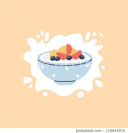 Bowl of sour cream, yogurt with fruit peach, orange slices and blueberries, vector dessert in blue plate on milk splash 118643914