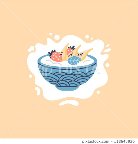 Vector icon a bowl of yogurt with strawberries and a pear on a yellow background 118643926