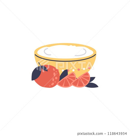 Vector icon with a bowl of Greek yogurt with fresh tangerines on a white background 118643934