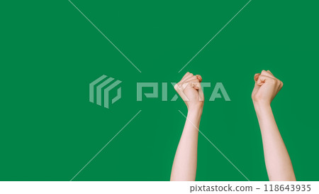 Knocking fists. Protest gesture. Conflict demonstration. Female clenched hands striking showing opposition stop sign isolated on green empty space background. Knocking fists. Protest gesture. Conflict demonstration. Female clenched hands striking showing opposition stop sign isolated on green empty space background. 118643935