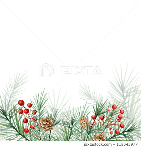 Watercolor frame with spruce and pine branches, branches with red berries, cones hand drawn on white background 118643977