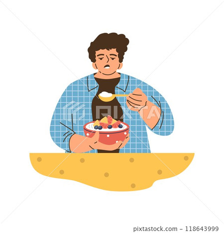 Vector illustration of a young guy who reluctantly eats Greek yogurt with fruits and berries Vector illustration of a young guy who reluctantly eats Greek yogurt with fruits and berries 118643999